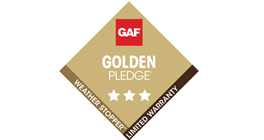 GAF Golden Pledge badge with three stars and text reading Weather Stopper Limited Warranty on a gold diamond background.