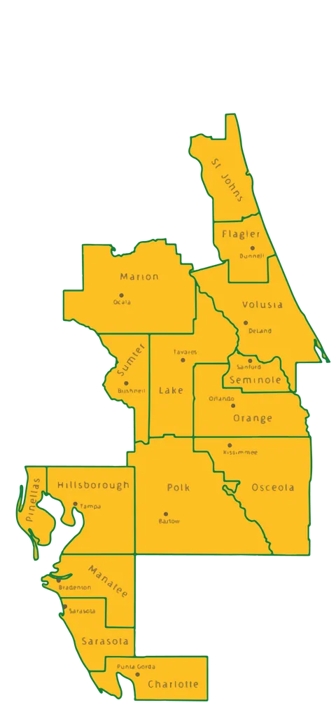 Map showing several highlighted counties in central Florida, including Orange, Osceola, Seminole, Polk, Lake, Marion, Volusia, Flagler, St. Johns, and others. Map showing several highlighted counties in central Florida, including Orange, Osceola, Seminole, Polk, Lake, Marion, Volusia, Flagler, St. Johns, and others.