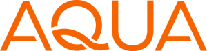 The word AQUA is written in bold, orange, uppercase letters with a stylized curved line forming the crossbar of the letter Q. The word AQUA is written in bold, orange, uppercase letters with a stylized curved line forming the crossbar of the letter Q.