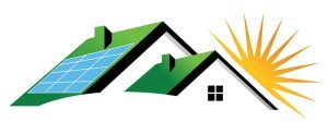 Illustration of house rooftops with solar panels and a large sun rising behind, symbolizing solar energy for homes.