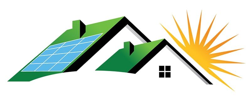 Illustration of house rooftops with solar panels and a large sun rising behind, symbolizing solar energy for homes.