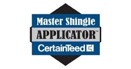 CertainTeed Master Shingle Applicator logo, featuring blue, black, and gray colors with bold text and the CertainTeed emblem.