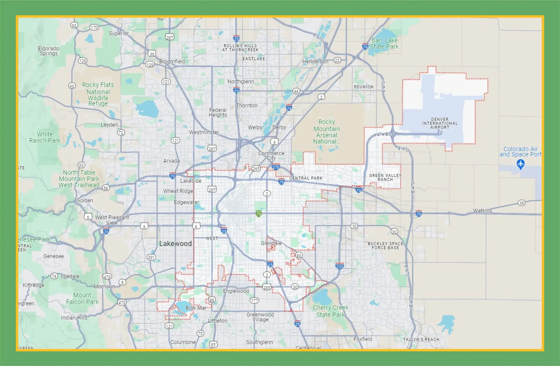 Map showing Denver, Colorado, and surrounding areas, highlighting city boundaries, major roads, highways, parks, and notable locations, including the Denver International Airport.